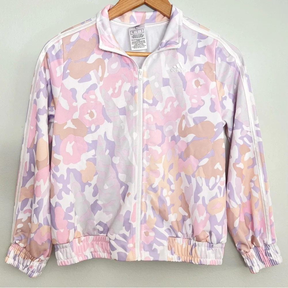 Adidas Kids Pink Camo Track Jacket Girls L Large 14 Full Zip Tri-Stripe Athletic